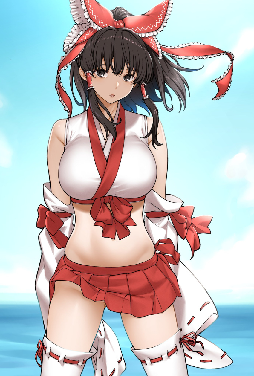 bare_shoulders black_eyes black_hair blue_sky bow breasts commentary_request crop_top detached_sleeves female frilled_bow frills hair_tubes hairbow hakurei_reimu hatakenaka_(kamagabuchi) highres horizon large_breasts looking_at_viewer medium_hair miniskirt navel nontraditional_miko ocean parted_lips red_skirt skirt sky solo thighhighs touhou white_thighhighs