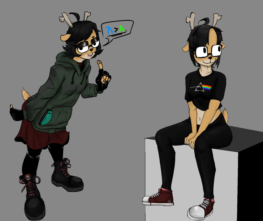 anthro black_hair boots bottomwear clothing colored combat_boots converse deer femcel footwear hair hi_res hoodie humanoid kys7 mammal nerd new_world_deer pink_floyd reindeer scut_tail shoes short_tail simple_background skirt solo tail topwear