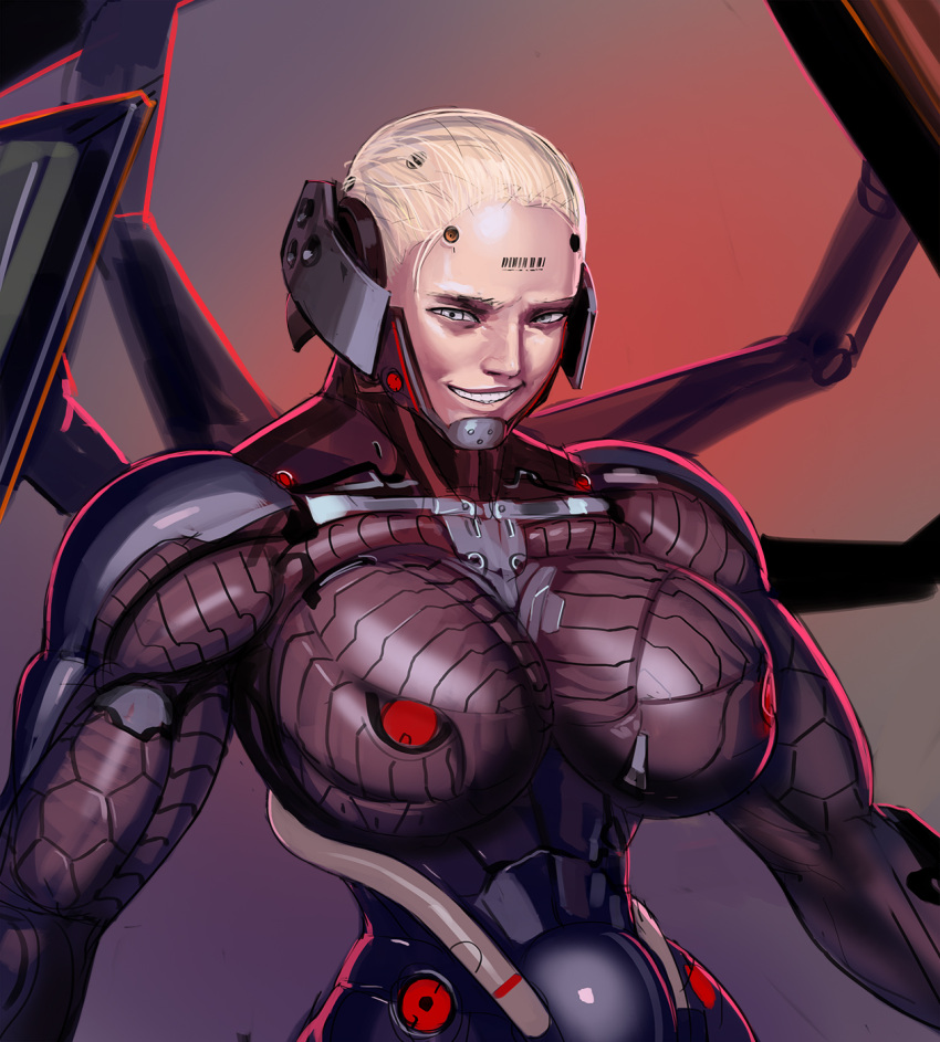 aka6 armor barcode barcode_tattoo blonde_hair breasts cyborg english_commentary female forehead_tattoo genderswap_(mtf) gradient_background grey_eyes hair_slicked_back highres large_breasts looking_at_viewer metal_gear_(series) metal_gear_rising:_revengeance muscular muscular_female narrow_waist nose rule_63 shield smile solo sundowner_(metal_gear_rising) tattoo teeth upper_body