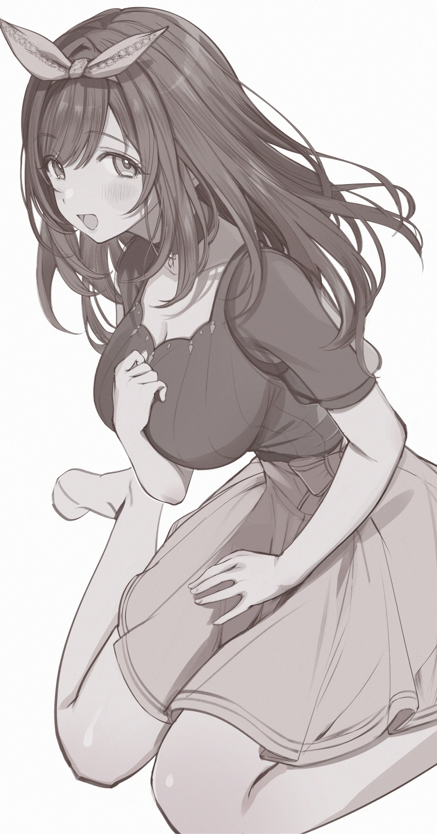 absurdres blush bow breasts cleavage collarbone dot_nose female greyscale hair_ribbon hairbow hand_up hands_on_own_breasts highres idolmaster idolmaster_shiny_colors karya large_breasts long_hair looking_at_viewer monochrome open_mouth ribbon shirt short_sleeves simple_background sitting skirt smile socks solo swept_bangs tsukioka_kogane wariza white_background