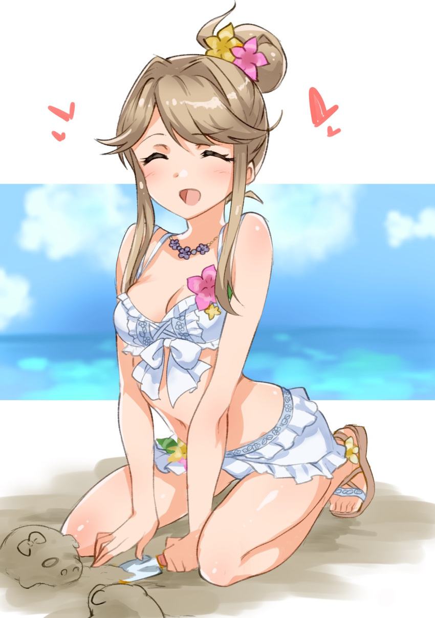 ^_^ bare_shoulders beach bikini bikini_skirt blue_sky blurry blurry_background blush border bow bow_bikini breasts brown_footwear brown_hair cleavage closed_eyes day dot_nose female flower flower_necklace front-tie_bikini_top front-tie_top full_body hair_bun hair_flower hair_ornament heart highres holding holding_shovel horizon idolmaster idolmaster_million_live! idolmaster_million_live!_theater_days kneeling layered_bikini layered_skirt long_hair medium_breasts miniskirt ocean open_mouth outside_border pig pink_flower sand_sculpture sandals shovel sidelocks single_hair_bun skirt sky smile solo swimsuit takahiro_(crimson_bolt) tenkubashi_tomoka white_bikini white_border white_bow yellow_flower yellow_footwear