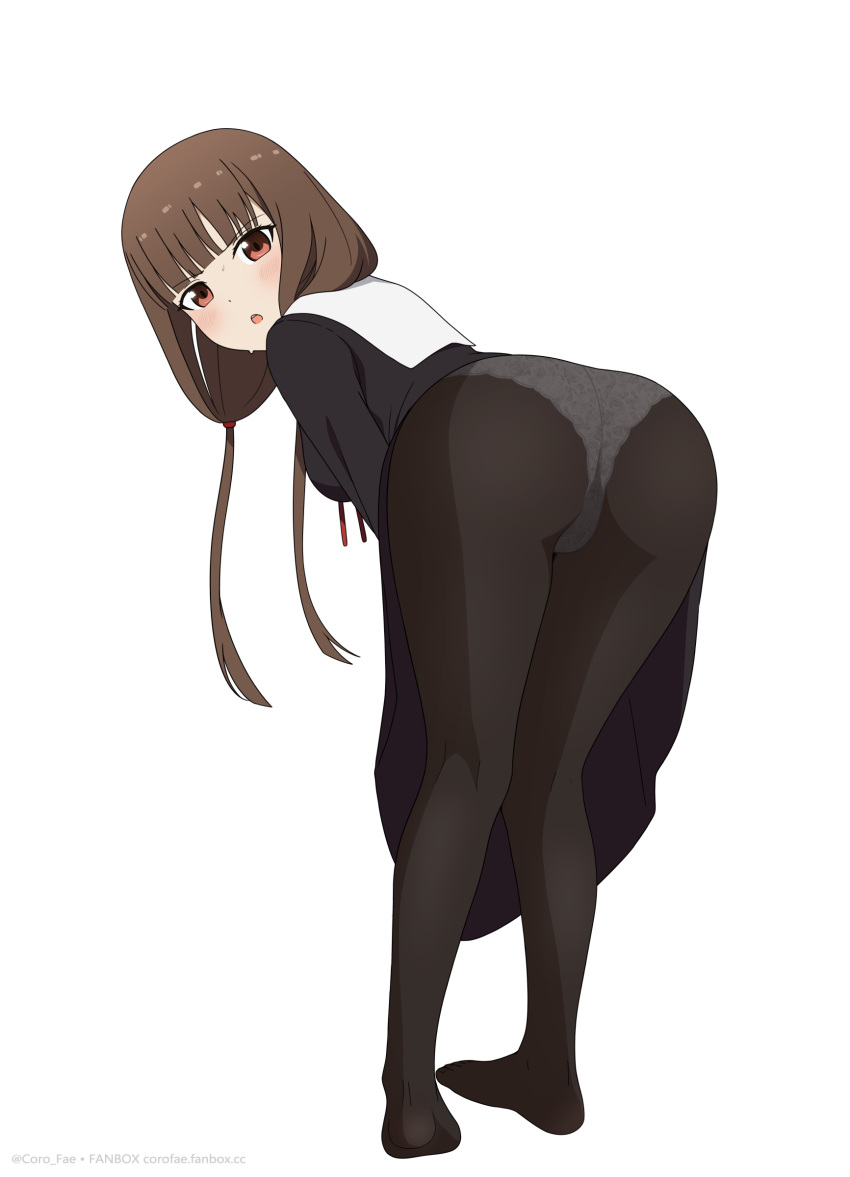 absurdres ass ass_focus black_dress black_pantyhose brown_eyes brown_hair coro_fae dress female from_behind highres iino_miko kaguya-sama_wa_kokurasetai_~tensai-tachi_no_renai_zunousen~ leaning_forward looking_back low_twintails panties panties_under_pantyhose pantyhose school_uniform shuuchiin_academy_school_uniform solo twintails underwear