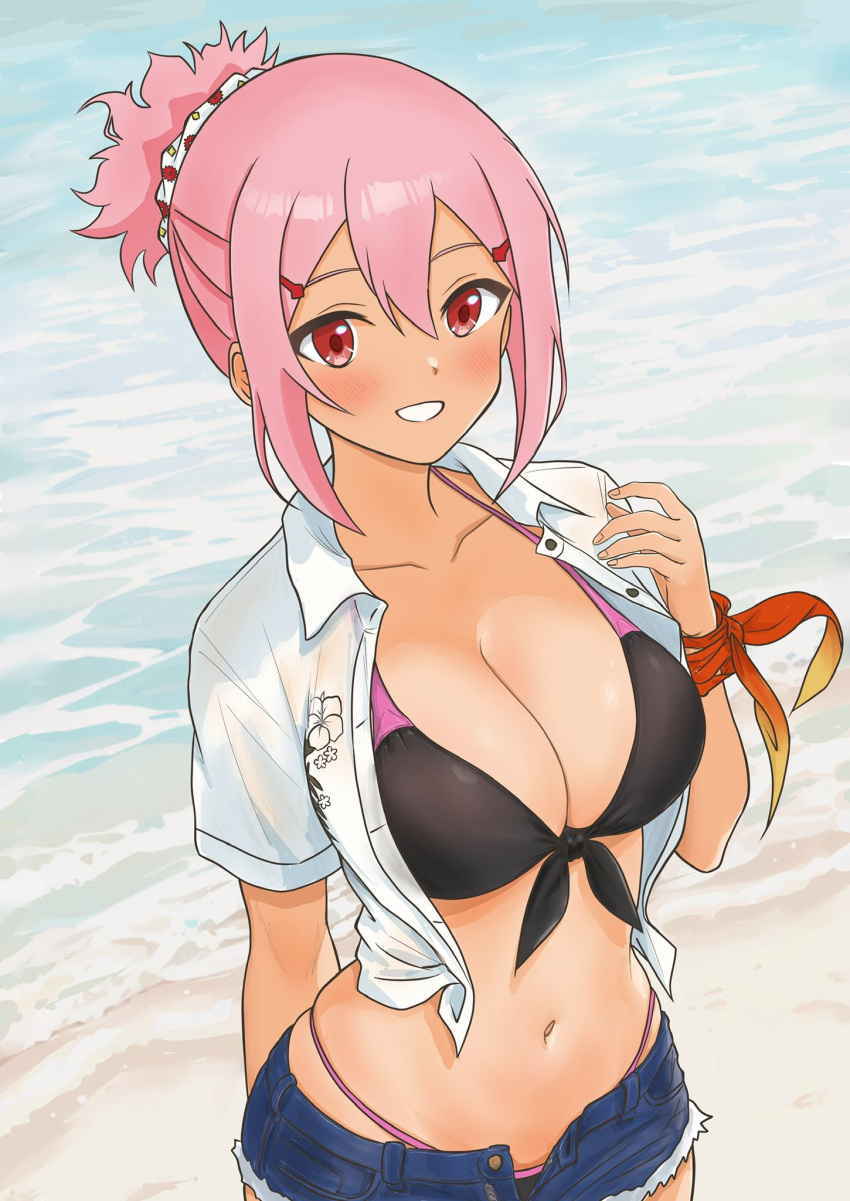 akamine_yuuna arm_behind_back beach bikini bikini_under_clothes black_bikini blue_shorts blush breasts cleavage collarbone collared_shirt cowboy_shot cutoffs denim denim_shorts female front-tie_bikini_top front-tie_top grin hair_between_eyes hair_ornament hairclip highres large_breasts looking_at_viewer man12690133 man12sikata-04 navel ocean open_clothes open_fly open_shirt open_shorts outdoors pink_bikini pink_hair ponytail red_eyes shirt short_shorts short_sleeves shorts sidelocks smile solo stomach swimsuit tied_shirt unbuttoned water white_shirt yuuki_yuuna_wa_yuusha_de_aru yuuki_yuuna_wa_yuusha_de_aru:_hanayui_no_kirameki yuusha_de_aru