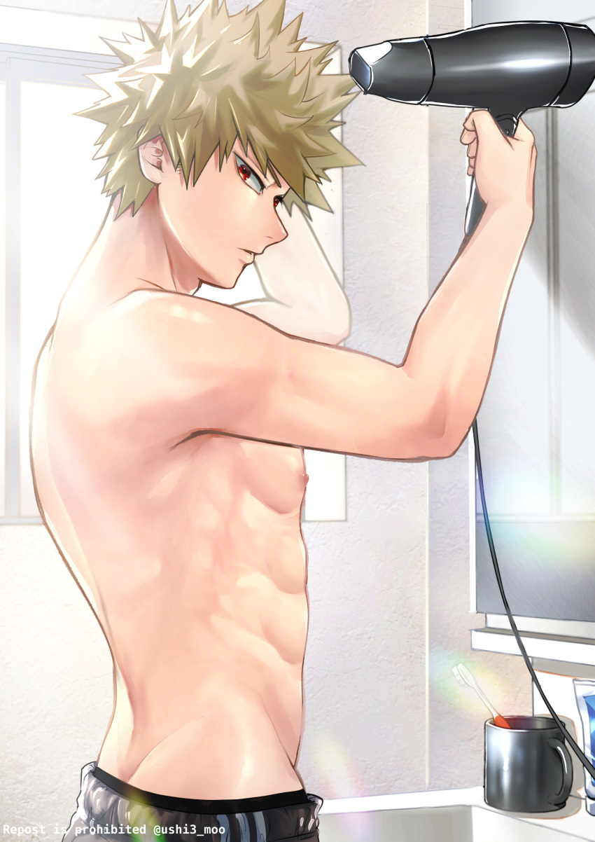 1boy absurdres bakugou_katsuki black_pants blonde_hair boku_no_hero_academia cup glass hair_dryer highres holding holding_hair_dryer male_focus mirror nipples pants red_eyes short_hair solo spiked_hair toothbrush topless_male ushi3_moo