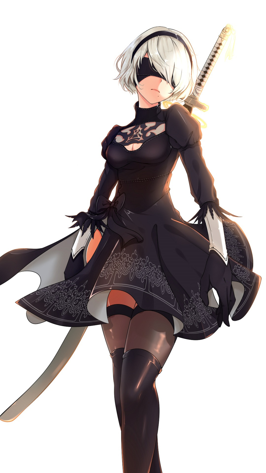 2b_(nier:automata) black_blindfold black_dress black_gloves black_hairband black_thighhighs blindfold boots bow breasts chinese_commentary cleavage cleavage_cutout clock clock_tower clothing_cutout commentary_request covered_eyes dress facing_viewer feather-trimmed_sleeves feather_trim feet_out_of_frame female gloves guanghe_zuoyong_de_de_yezi hairband head_tilt highres juliet_sleeves katana long_sleeves medium_breasts mole mole_under_mouth nier:automata nier_(series) over_shoulder puffy_sleeves short_hair side_slit simple_background solo standing sword sword_over_shoulder tassel thigh_boots thighhighs thighhighs_under_boots thighs tower tsuka-ito tsuka_(handle) two-sided_fabric two-sided_skirt weapon weapon_over_shoulder white_background white_hair zettai_ryouiki