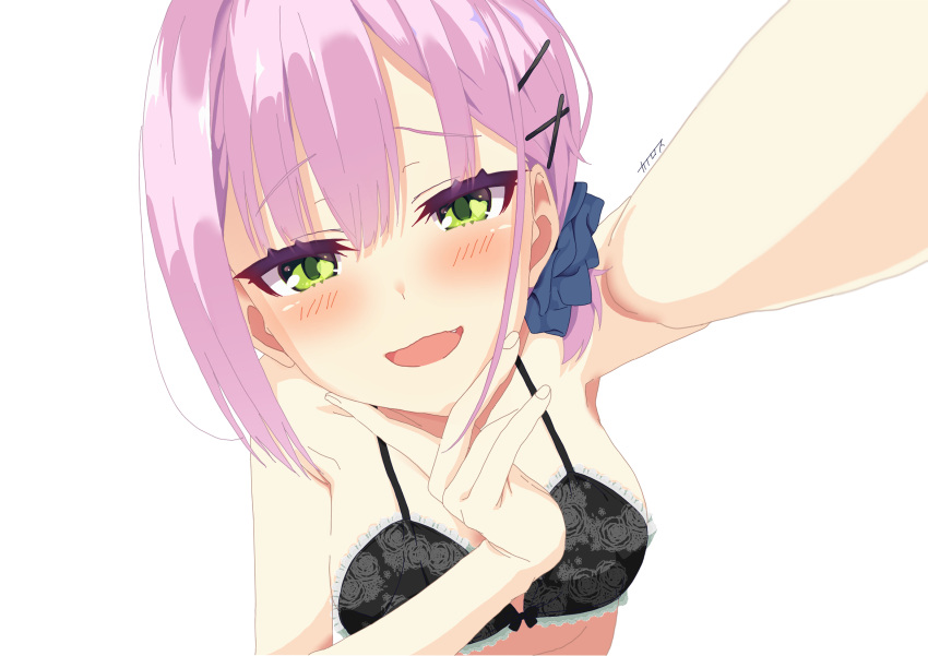 :d bare_shoulders black_bra blue_scrunchie blush bra breasts close-up commentary_request eyelashes female floral_print foreshortening green_eyes hair_ornament hair_scrunchie hairclip heart heart_in_eye highres kabedon_on_viewer kairosu lingerie medium_breasts oerba_yun_fang open_mouth pink_hair pov print_bra raised_eyebrows rose_print scrunchie seductive_smile short_hair signature simple_background smile solo symbol_in_eye tanikaze_amane tenshi_souzou_re-boot! tsurime underwear v v_over_mouth white_background x_hair_ornament