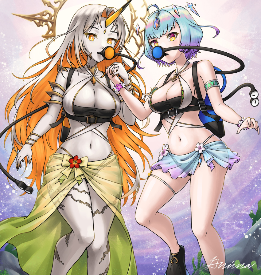 2girls ahoge aqua_hair bikini blonde_hair breasts cleavage colored_inner_hair fire_emblem fire_emblem_heroes forehead_jewel gradient_hair grey_hair grimaisbestwaifu gullveig_(fire_emblem) gullveig_(summer)_(fire_emblem) highres holding_hands horns large_breasts medium_breasts mixed-language_commentary multicolored_hair multiple_girls navel official_alternate_costume pale_skin purple_hair sarong scuba_gear see-through_clothes see-through_sarong seidr_(fire_emblem) seidr_(summer)_(fire_emblem) single_horn submerged swimsuit two-tone_hair water yellow_horns