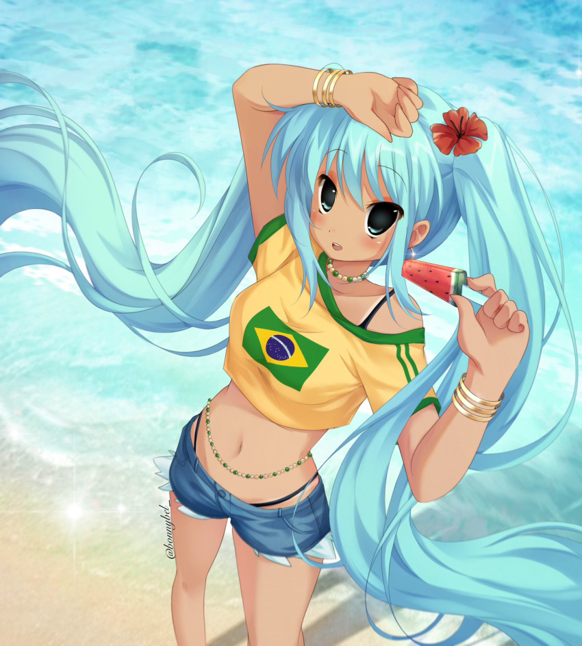 arm_up beach bead_necklace beads bikini bikini_under_clothes blue_eyes blue_hair blush bracelet brazilian_flag brazilian_flag_print brazilian_miku commentary crop_top dark-skinned_female dark_skin denim denim_shorts english_commentary exposed_pocket female flower food from_above hair_flower hair_ornament hand_on_own_head hatsune_miku highres holding holding_food holding_popsicle jelly_(bonnybel) jewelry long_hair looking_at_viewer navel necklace ocean off_shoulder popsicle short_shorts shorts smile solo swimsuit tan twintails very_long_hair vocaloid water watermelon_bar