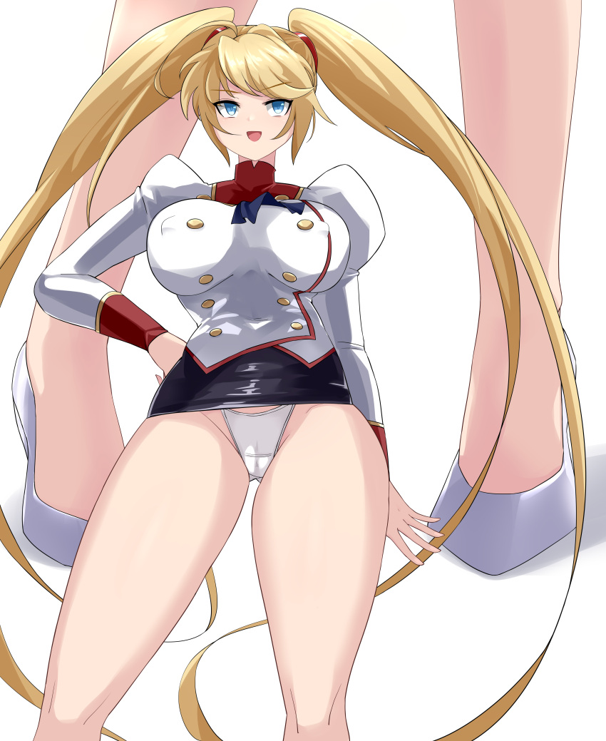 absurdres agent_aika aika_(series) ascot blonde_hair blue_eyes blue_footwear blue_skirt breasts commission covered_nipples crotch_seam delmogeny_uniform female hair_ornament high_heels highres jacket juliet_sleeves large_breasts long_sleeves open_mouth original panties pixiv_commission puffy_sleeves sin_(pixiv17875500) skirt solo standing twintails underwear white_delmo white_jacket white_panties wind wind_lift zoom_layer