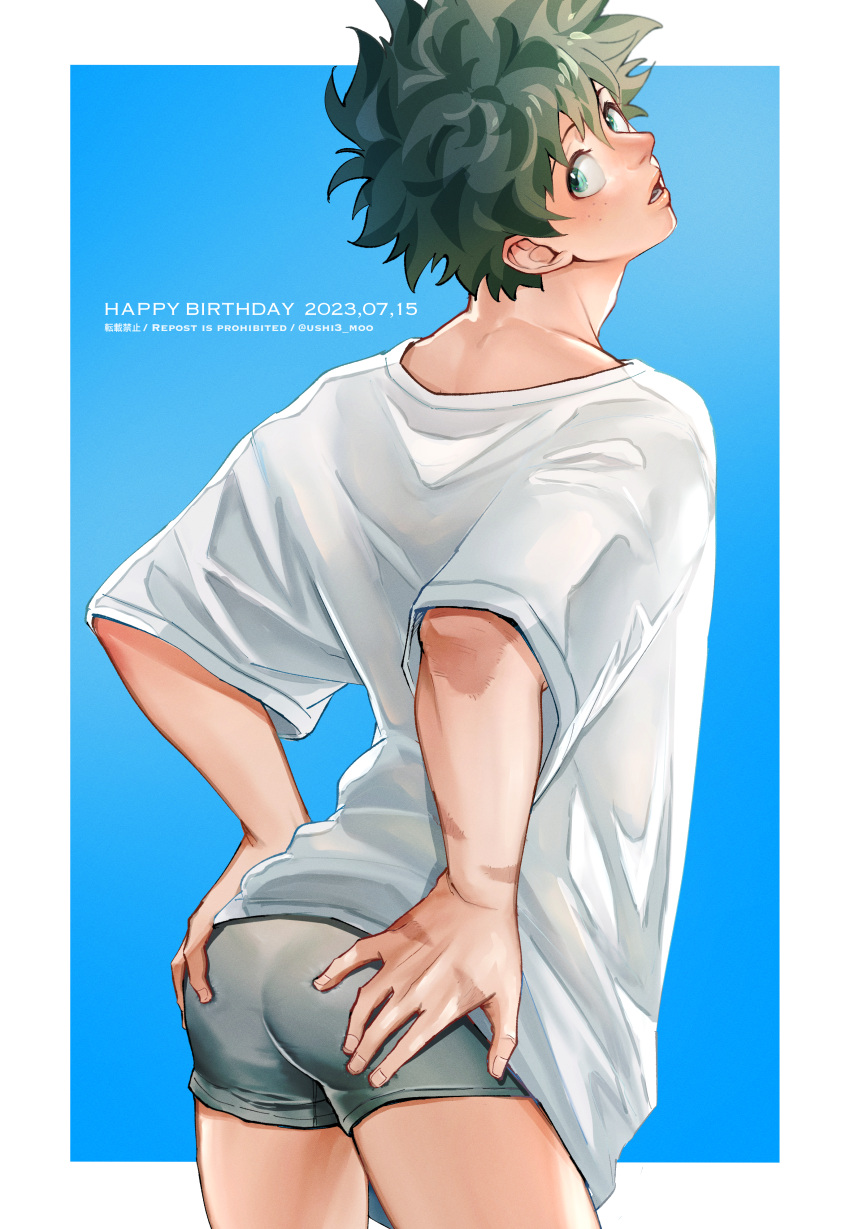 1boy absurdres blush boku_no_hero_academia freckles green_eyes green_hair grey_male_underwear highres male_focus male_underwear midoriya_izuku open_mouth shirt short_hair solo underwear ushi3_moo white_shirt