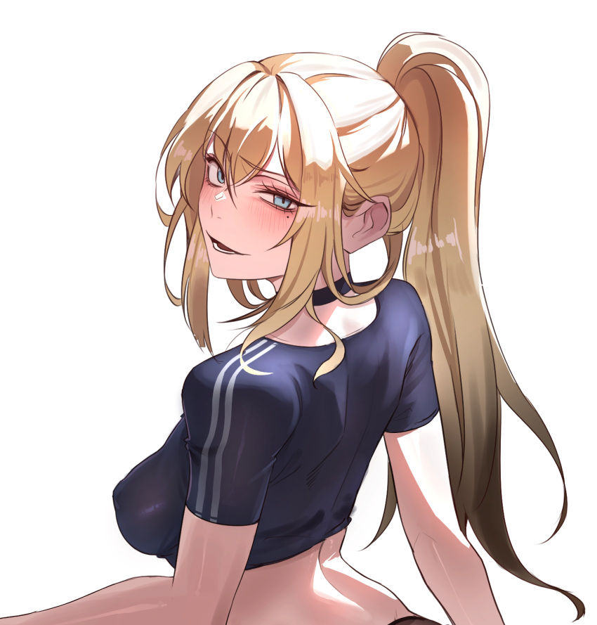 back blonde_hair blue_eyes blush breasts closers commentary_request commission female grey_shirt hair_intakes harpy_(closers) high_ponytail highres jusaper korean_commentary long_hair looking_at_viewer looking_back lower_teeth_only medium_breasts mole mole_under_eye open_mouth raised_eyebrow shirt short_sleeves sidelocks simple_background solo teeth uneven_eyes upper_body white_background