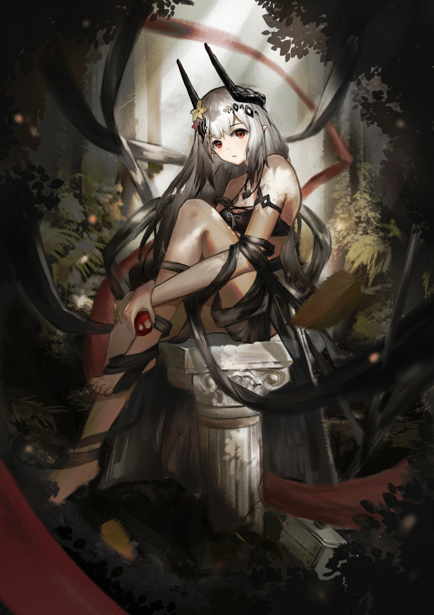 absurdres arknights bare_shoulders barefoot black_bra bra chinese_commentary commentary_request dappled_sunlight female flower foliage food forest full_body grey_hair hair_flower hair_ornament highres holding holding_food horns hyv_(rwrf8343) jewelry knee_up long_hair looking_at_viewer mudrock_(arknights) nature outdoors parted_lips pendant pillar red_eyes sitting solo sunlight tree underwear very_long_hair