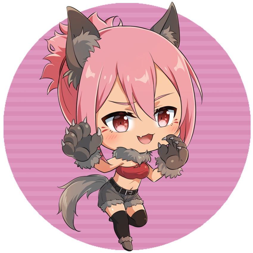 :d akamine_yuuna animal_ear_fluff animal_ears animal_hands bandeau bare_shoulders belt belt_buckle black_belt black_thighhighs blush breasts buckle chibi eda_udon facial_mark female full_body fur-trimmed_shorts fur_collar fur_trim gloves grey_footwear grey_shorts hair_between_eyes highres looking_at_viewer medium_breasts midriff navel oerba_yun_fang open_mouth paw_gloves pink_hair ponytail red_eyes short_shorts shorts smile solo standing standing_on_one_leg strapless tail thighhighs v-shaped_eyebrows wolf_ears wolf_girl wolf_tail yuuki_yuuna_wa_yuusha_de_aru yuuki_yuuna_wa_yuusha_de_aru:_hanayui_no_kirameki yuusha_de_aru