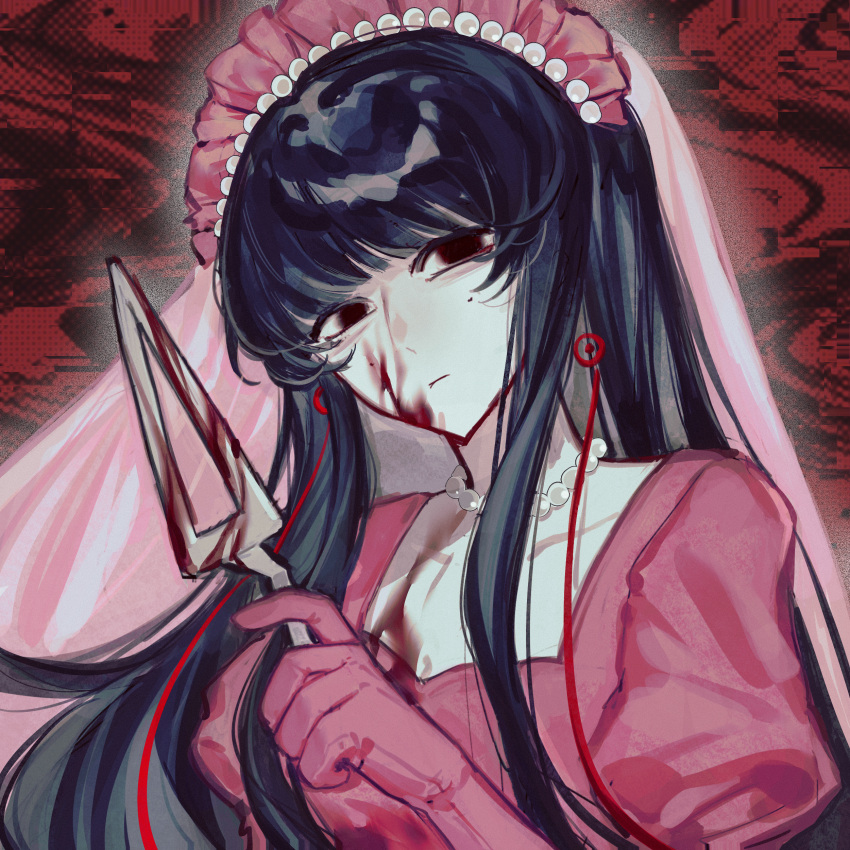 absurdres black_eyes black_hair blood blood_on_chest blood_on_clothes blood_on_face blood_on_weapon chinese_commentary closed_mouth commentary_request earrings female giygas gloves highres jewelry li_yuting_(female) long_hair mole mole_under_each_eye mole_under_eye mother_(series) mother_2 multiple_moles muying23199 necklace pearl_necklace pink_gloves pink_shirt red_background shirt sidelocks solo touqi_guaitan upper_body variant_set veil weapon