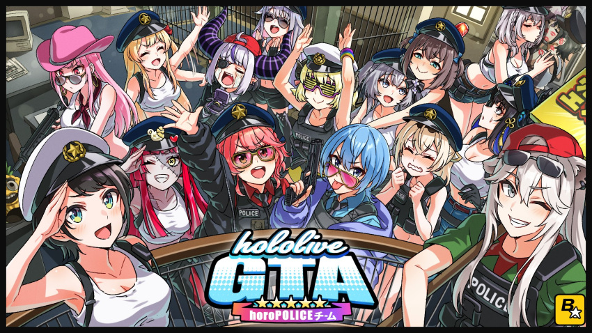 6+girls animal_ears aviator_sunglasses backwards_hat bulletproof_vest buru-dai closed_eyes cowboy_hat crying eyepatch eyewear_on_head fingerless_gloves gloves gun handgun hat highres hololive hololive_dev_is hololive_english hololive_grand_theft_auto hololive_indonesia horns hoshimachi_suisei jacket kazama_iroha koseki_bijou kureiji_ollie la+_darknesss lion_ears lion_girl lipstick_mark mori_calliope multiple_girls natsuiro_matsuri navel nerissa_ravencroft one_eye_closed oozora_subaru otonose_kanade police police_hat police_uniform sakura_miko salute sheep_girl sheep_horns shirogane_noel shishiro_botan stitched_face stitches streaming_tears submachine_gun sunglasses tank_top tears tongue tongue_out tsunomaki_watame vestia_zeta virtual_youtuber weapon zombie