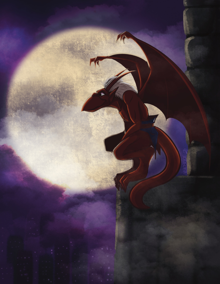 anthro bottomwear brooklyn_(gargoyles) city city_background clothed clothing cloud crouching digital_media_(artwork) disney full_moon gargoyle gargoyles hair hi_res horn humanoid_pointy_ears loincloth loincloth_only male membrane_(anatomy) membranous_wings moon night red_body scalie smile solo tail topless vladbride white_hair wings