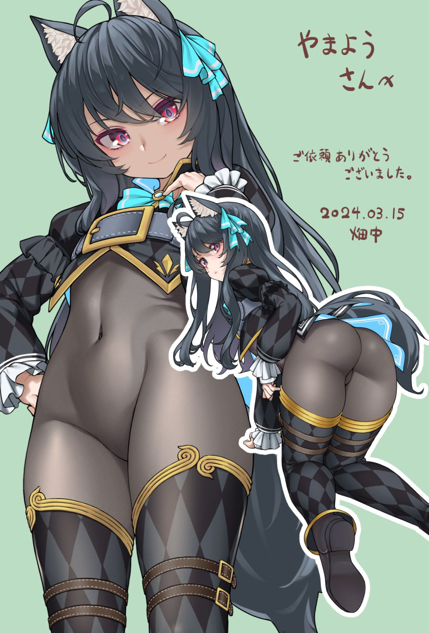 ahoge animal_ear_fluff animal_ears argyle_clothes argyle_thighhighs ass black_hair black_shrug bodystocking cat_ears cat_girl chest_belt commentary_request commission covered_navel dated female gold_trim hair_ribbon hatakenaka_(kamagabuchi) highres long_hair multicolored_eyes multiple_views navel original red_eyes ribbon see-through_bodystocking shrug_(clothing) skeb_commission svartlilja_(vrchat) tail translation_request vrchat