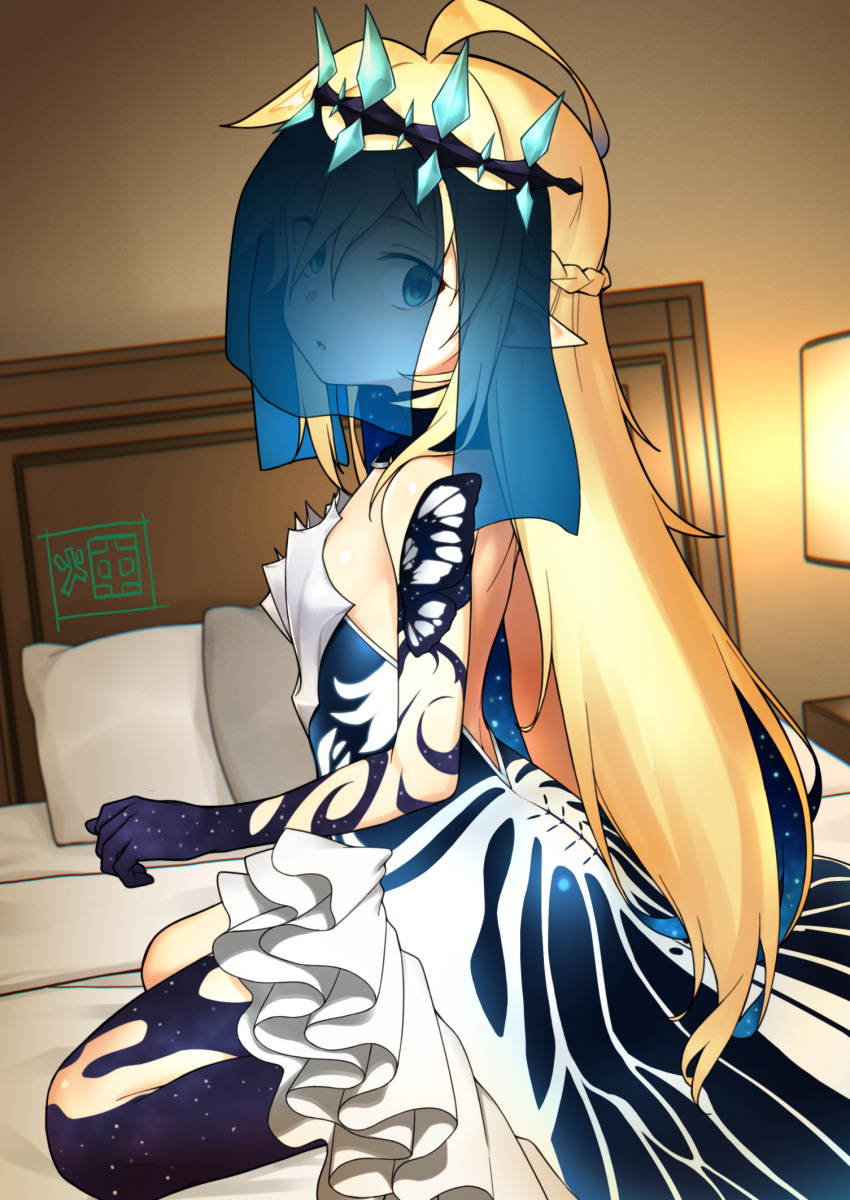 ahoge bed blonde_hair blue_eyes body_markings breasts colored_inner_hair commission dress female hatakenaka_(kamagabuchi) highres indoors long_hair looking_at_viewer multicolored_hair on_bed original parted_lips pointy_ears skeb_commission small_breasts solo starry_hair veil vivi_(ac8231)