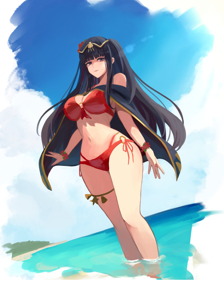 absurdres bikini black_cape black_hair blue_sky blunt_bangs breasts cape cloud cloudy_sky commentary_request dutch_angle female fire_emblem fire_emblem_awakening fire_emblem_heroes gold_trim highres labebebe_lee large_breasts lens_flare long_hair looking_at_viewer navel o-ring o-ring_bikini official_alternate_costume one_side_up pink_nails red_bikini sky smile solo swimsuit tharja_(fire_emblem) tharja_(summer)_(fire_emblem) tiara translation_request