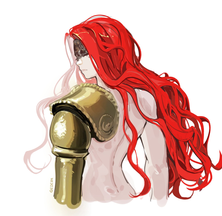 absurdres back back_focus closed_mouth commentary cropped_torso elden_ring female from_behind highres long_hair malenia_blade_of_miquella malenia_goddess_of_rot nude prosthesis prosthetic_arm qederapawn red_hair scar simple_background solo toned_female wavy_hair white_background