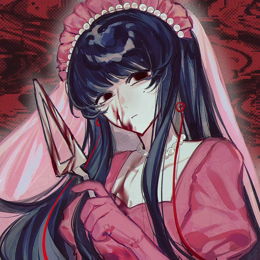 black_eyes black_hair blood blood_on_chest blood_on_clothes blood_on_face blood_on_weapon chinese_commentary closed_mouth commentary_request earrings female giygas gloves highres jewelry li_yuting_(female) long_hair mole mole_under_each_eye mole_under_eye mother_(series) mother_2 multiple_moles muying23199 necklace pearl_necklace pink_gloves pink_shirt red_background shirt sidelocks solo touqi_guaitan upper_body variant_set veil weapon