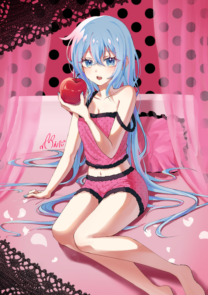 apple bare_arms bare_legs bare_shoulders barefoot blue_eyes blue_hair breasts camisole cleavage curtains falling_petals female food fruit hair_down hatsune_miku highres holding holding_food holding_fruit light_blue_hair long_hair looking_at_viewer midriff navel on_bed open_mouth petals pink_background pink_camisole pink_curtains pink_shorts pink_theme polka_dot polka_dot_background polka_dot_camisole romeo_to_cinderella_(vocaloid) shorts signature sitting solo strap_slip very_long_hair vocaloid wonder_(natade_nico2525) yokozuwari