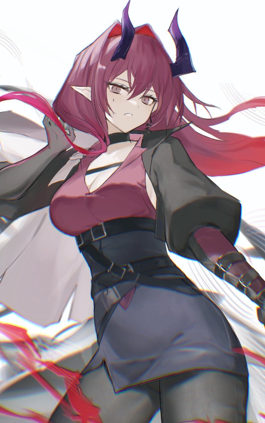 2naom8q6gt87292 absurdres arknights arm_belt ascalon_(arknights) belt belt_buckle black_belt black_choker black_jacket black_pantyhose breasts buckle choker chromatic_aberration cleavage commentary contrapposto cowboy_shot cropped_jacket female floating_hair gradient_hair grey_eyes hair_between_eyes hair_intakes high-waist_skirt highres horns jacket long_hair looking_at_viewer multicolored_hair open_mouth pantyhose pink_hair pink_shirt pointy_ears puffy_sleeves purple_horns purple_skirt red_hair shirt skirt sleeveless sleeveless_shirt solo standing teardrop_facial_mark two-tone_hair white_background