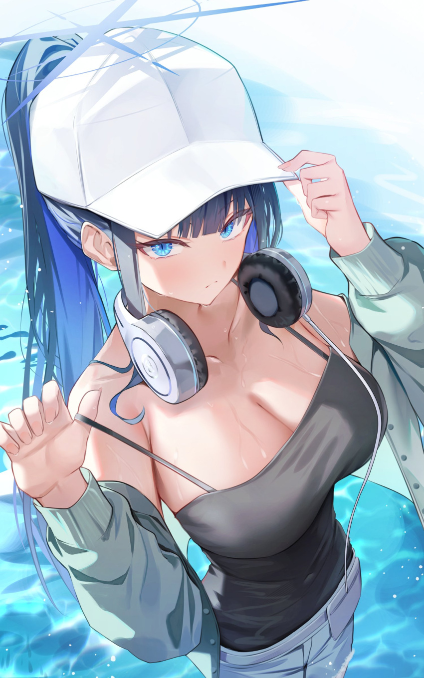 absurdres baseball_cap black_hair blue_archive blue_eyes blue_hair blue_halo breasts cleavage collarbone female green_jacket halo hat headphones headphones_around_neck highres jacket large_breasts long_hair looking_at_viewer multicolored_hair official_alternate_costume open_clothes open_jacket ponytail saori_(blue_archive) saori_(swimsuit)_(blue_archive) shuvi_(shuvi1125) two-tone_hair white_hat