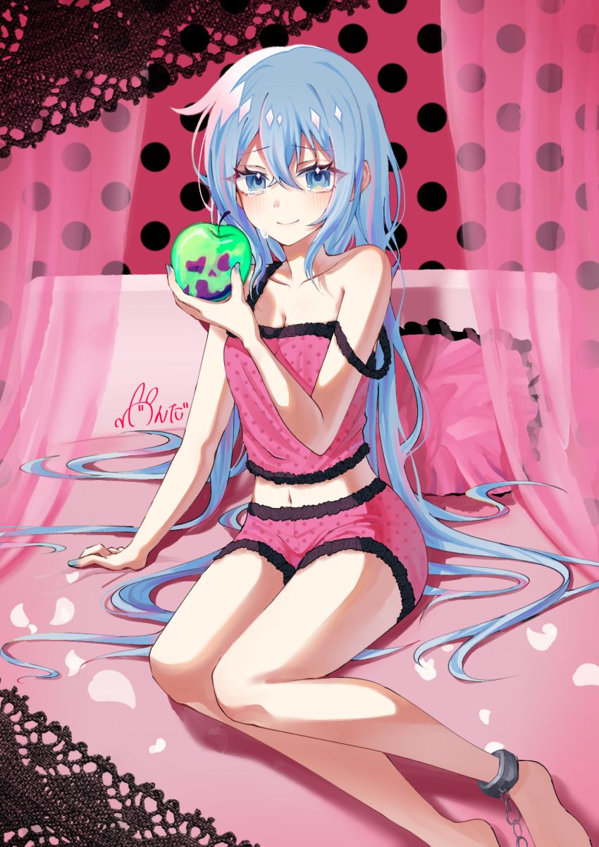 apple bare_arms bare_legs bare_shoulders barefoot blue_eyes blue_hair breasts camisole chains cleavage crying crying_with_eyes_open cuffs curtains eyelashes falling_petals female food fruit hair_down hatsune_miku highres holding holding_food holding_fruit light_blue_hair light_blush long_hair looking_at_viewer midriff navel on_bed petals pink_background pink_camisole pink_curtains pink_shorts pink_theme poison_apple polka_dot polka_dot_background polka_dot_camisole restrained romeo_to_cinderella_(vocaloid) sad_smile shackles shorts signature sitting skull-shaped_food solo strap_slip streaming_tears tearing_up tears very_long_hair vocaloid wonder_(natade_nico2525) yokozuwari