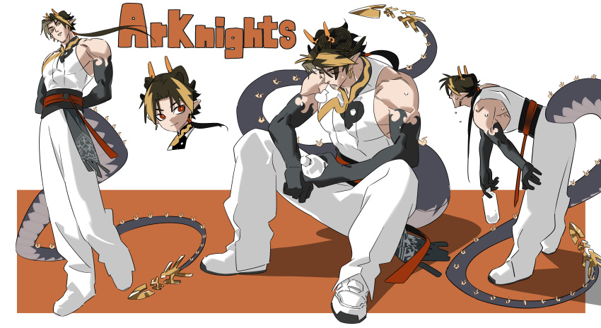 1boy absurdres arknights blonde_hair bottle brown_hair chong_yue_(arknights) dragon_boy dragon_horns dragon_tail full_body highres horns leaning_forward long_hair low_ponytail male_focus multicolored_hair multiple_views orange_background pointy_ears puff_of_air red_eyes sitting sleeveless streaked_hair sweat tail toned toned_male wanzaiqueen_311 water_bottle