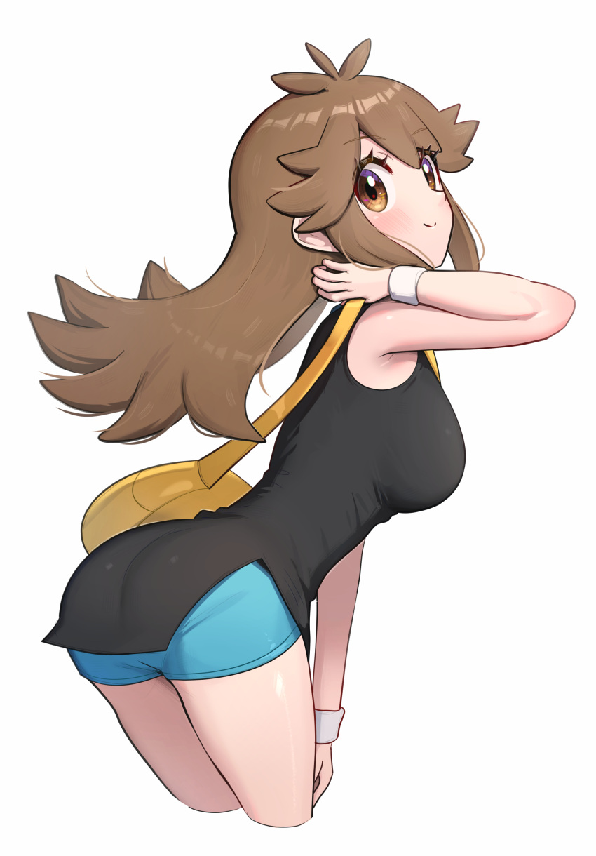 absurdres ass bag black_shirt blue_shorts brown_eyes brown_hair closed_mouth female gonzarez green_(pokemon) highres long_hair looking_at_viewer pokemon pokemon_lgpe shirt short_shorts shorts shoulder_bag sleeveless sleeveless_shirt smile solo white_background white_wristband yellow_bag