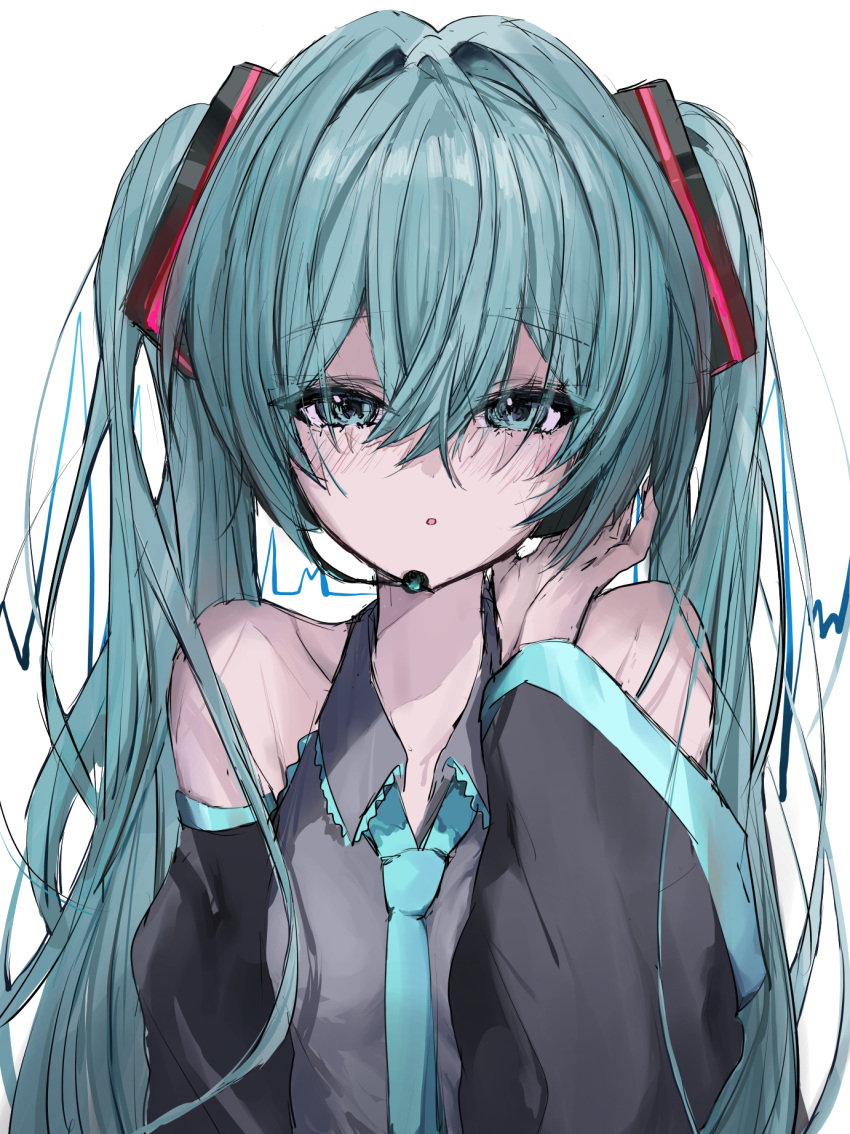 :o aqua_eyes aqua_hair aqua_necktie bare_shoulders black_sleeves blush breasts female grey_shirt hair_between_eyes hatsune_miku headphones headset highres kanimiso_uni long_hair looking_at_viewer necktie shirt simple_background small_breasts solo twintails upper_body very_long_hair vocaloid white_background wide_sleeves