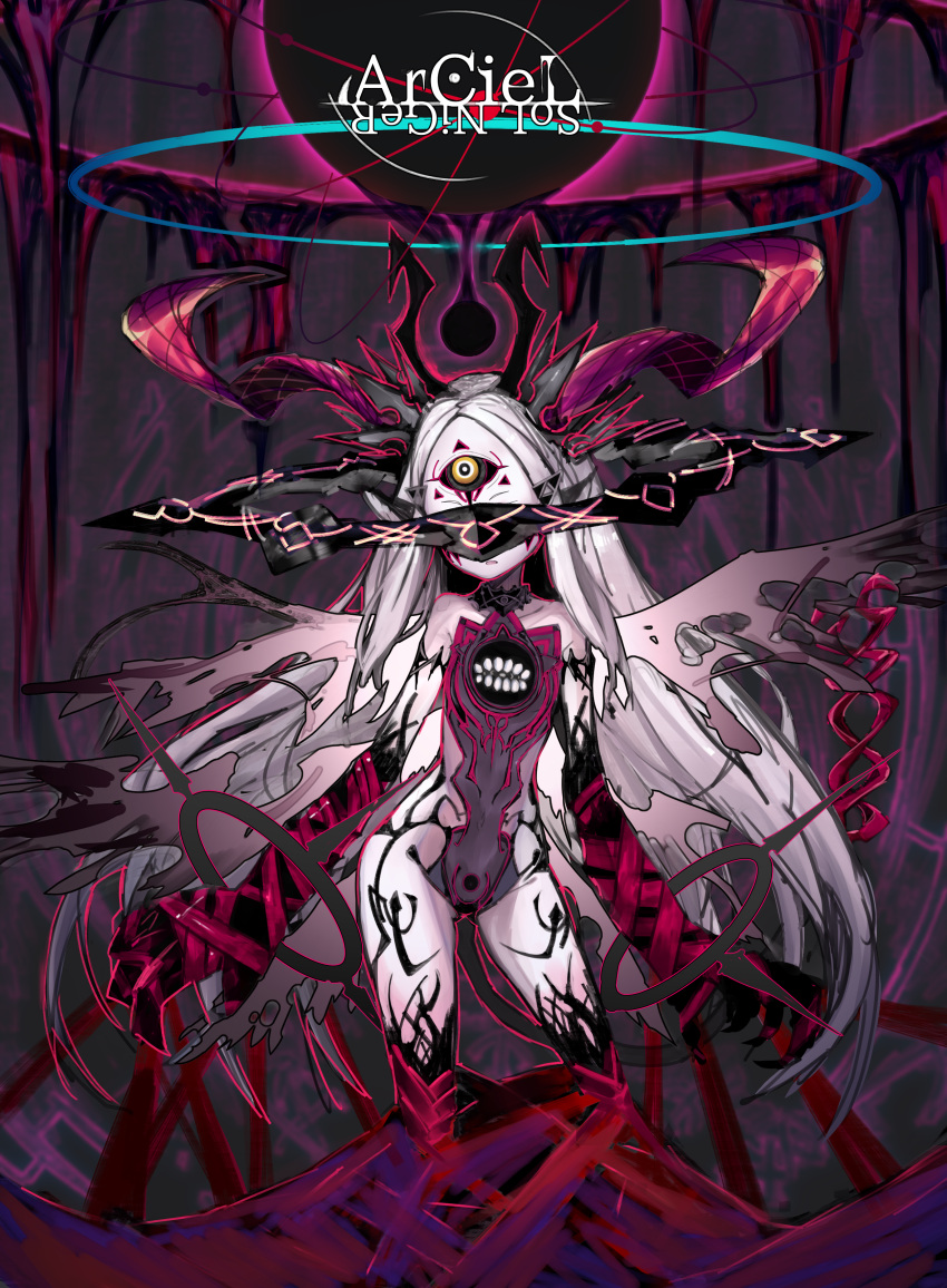 absurdres angel angel_wings animal_ears animal_hands character_name claws commentary_request covered_eyes extra_eyes fallen_angel feet_out_of_frame female halo highres horns izayoi_cha long_hair looking_at_viewer monster_girl multiple_wings original red_ribbon ribbon seraph solo tail third_eye very_long_hair white_hair wings yellow_eyes