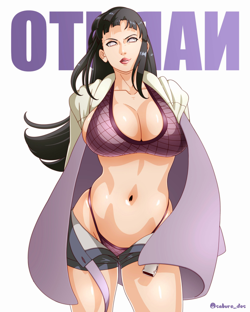 absurdres black_hair blue_shorts breasts character_name cleavage collarbone cowboy_shot denim female fishnet_bra fishnet_panties highleg highleg_panties highres hood hooded_jacket hyuuga_hinata jacket mirrored_text naruto:_road_to_ninja naruto_(series) naruto_shippuuden navel open_clothes open_jacket panties purple_jacket saburo_des short_shorts shorts simple_background solo twitter_username underwear white_background white_eyes