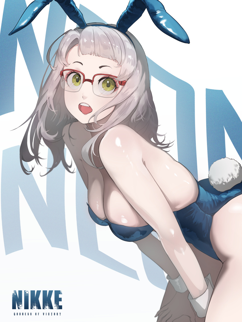 :o absurdres alternate_costume animal_ears bent_over blue_hairband blue_leotard breasts character_name cleavage copyright_name cowboy_shot fake_animal_ears fake_tail female from_side glasses goddess_of_victory:_nikke green_eyes grey_hair hairband highleg highleg_leotard highres houh888 large_breasts leotard long_hair looking_at_viewer neon_(nikke) open_mouth over-rim_eyewear playboy_bunny rabbit_ears rabbit_tail red-framed_eyewear semi-rimless_eyewear shiny_skin short_eyebrows solo standing strapless strapless_leotard tail teeth text_background tongue upper_teeth_only white_wrist_cuffs wrist_cuffs