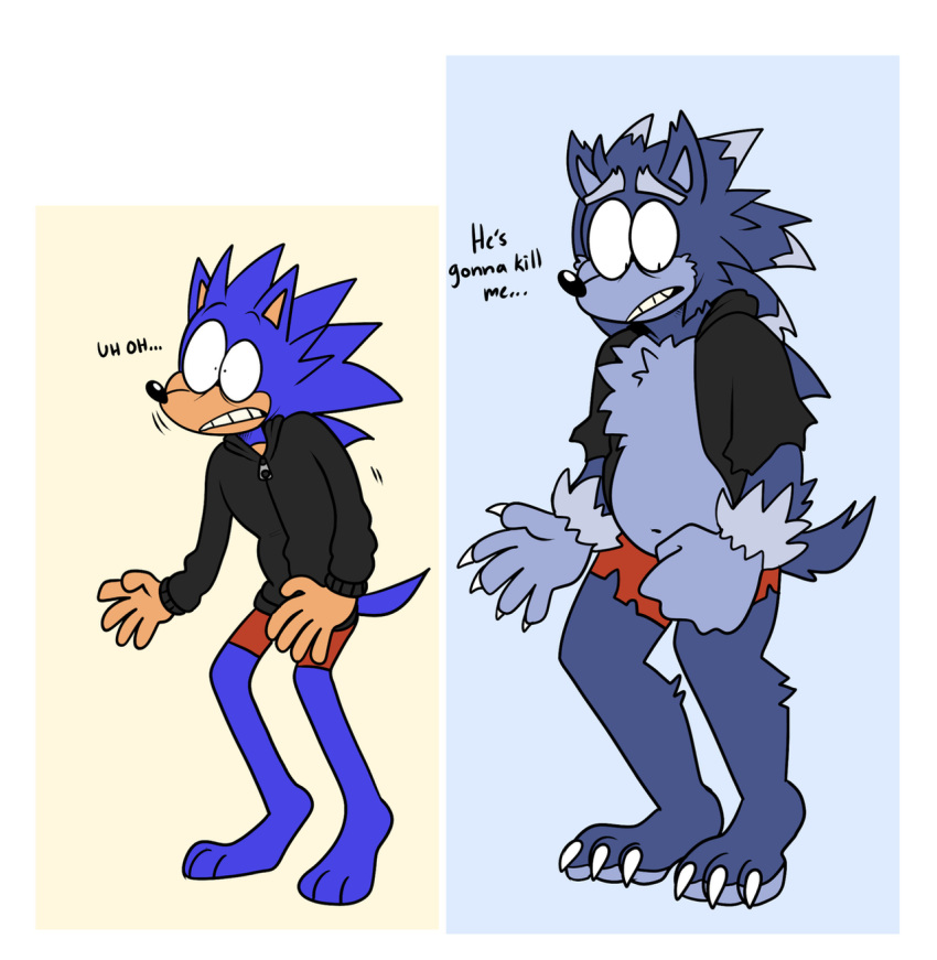 2022 3_toes 5_fingers anthro barefoot beastofeuthanasia belly black_clothing black_hoodie black_nose black_topwear blue_body blue_eyebrows blue_fur blue_inner_ear blue_tail body_size_growth boxers_(clothing) chest_tuft claws clothed clothed_anthro clothed_male clothing dialogue digital_drawing_(artwork) digital_media_(artwork) english_description english_text eulipotyphlan eyebrows feet finger_claws fingers flat_colors fluffy fluffy_tail fur hedgehog hi_res hoodie looking_at_self male mammal motion_lines multicolored_body multicolored_fur navel red_boxers red_clothing red_underwear sega simple_background size_transformation solo sonic_the_hedgehog sonic_the_hedgehog_(series) sonic_the_werehog sonic_unleashed standing tail tan_body tan_inner_ear tan_skin text thin_eyebrows toe_claws toes topwear torn_boxers torn_hoodie transformation tuft underwear were wereeulipotyphlan werehog white_claws worried zipper