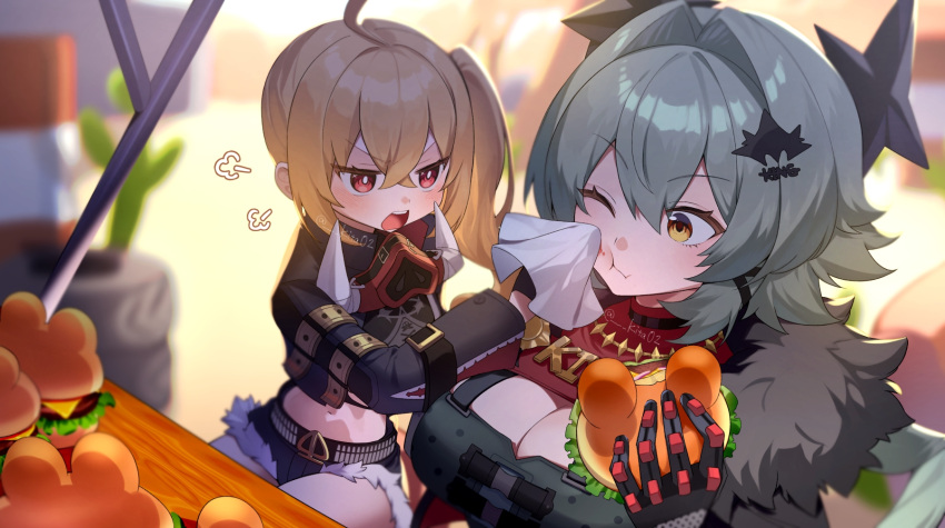 2girls ahoge black_gloves black_jacket blonde_hair breasts caesar_king_(zenless_zone_zero) cleavage closed_mouth cowboy_shot eating gloves green_hair hair_between_eyes highres jacket large_breasts long_hair looking_at_another luciana_de_montefio multiple_girls open_mouth outdoors ponpe_max red_eyes side_ponytail sidelocks teeth upper_body yellow_eyes zenless_zone_zero