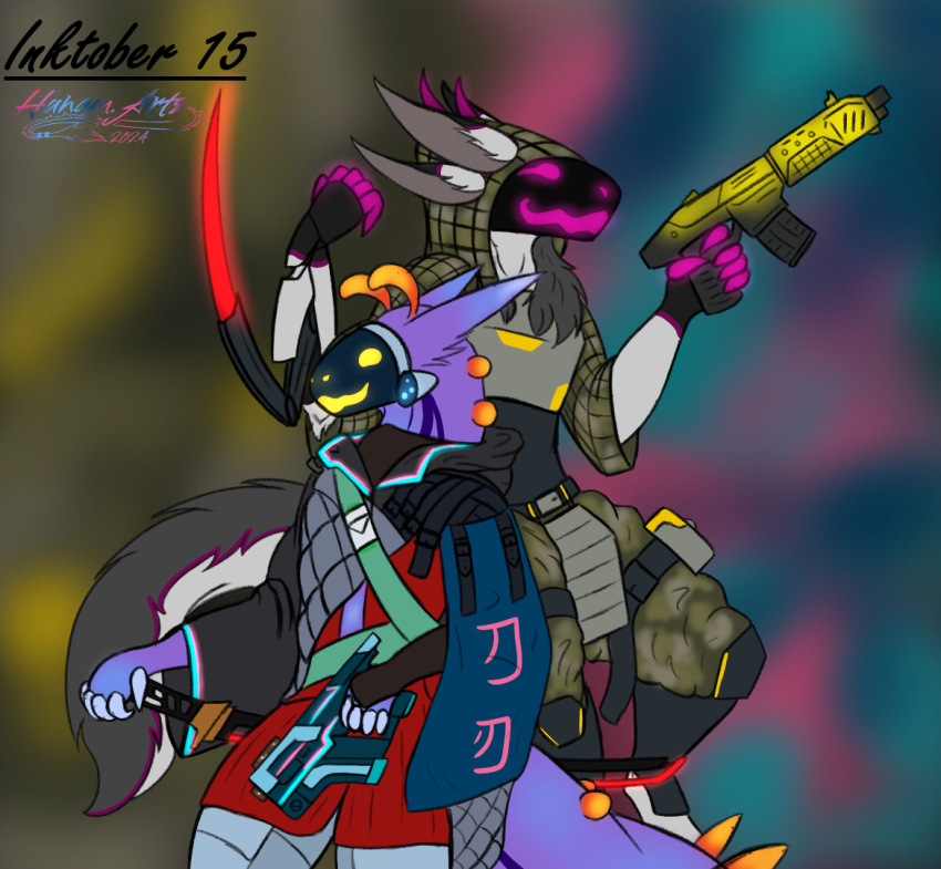 4_ears anthro blade claws clothing cyberpunk duo ear_markings female gun horn hunamarts inktober_2024 katana machine male male/female mantis_blades melee_weapon mizu_(protogen) multi_ear protogen protogen_face protogen_visor ranged_weapon shizuka(protogen) shotgun sword tail visor weapon