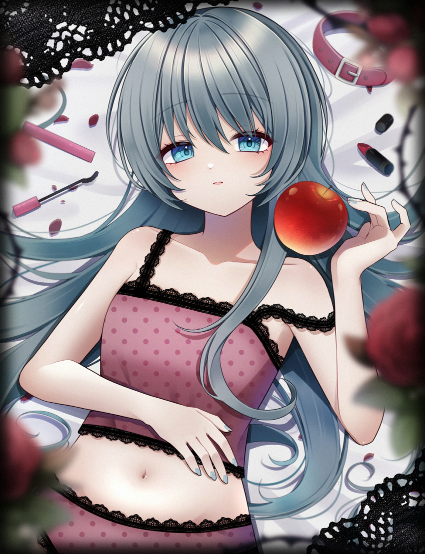 apple aqua_eyes aqua_nails armpit_crease bed_sheet breasts camisole choker collar collarbone cosmetics female food fruit green_hair hair_between_eyes hatsune_miku highres lipstick_tube makeup mascara navel nekko_(nxtuko) panties pink_choker pink_panties polka_dot polka_dot_panties romeo_to_cinderella_(vocaloid) solo stomach underwear vignetting vocaloid