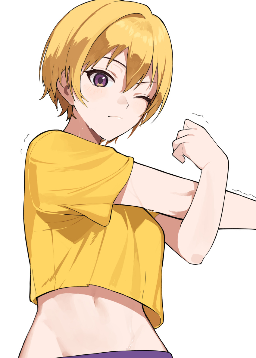 absurdres blonde_hair breasts canine closed_mouth commentary_request crop_top cross-body_stretch female garuku1120 groin hair_between_eyes hands_up highres idolmaster idolmaster_shiny_colors light_blush looking_at_viewer midriff navel one_eye_closed outstretched_arm pants puppy purple_pants saijo_juri shirt short_hair short_sleeves simple_background small_breasts solo standing stomach stretching sweat trembling upper_body white_background yellow_shirt