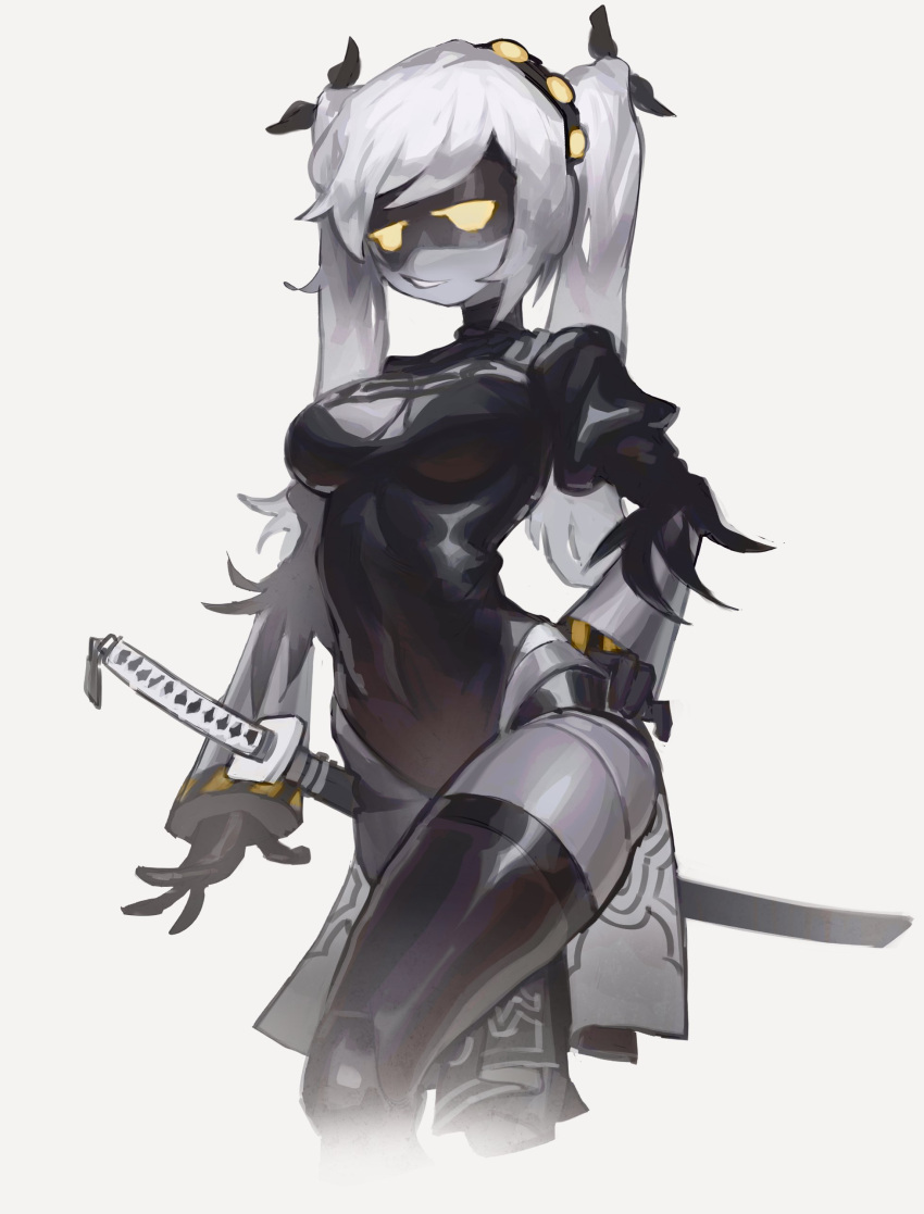 2b_(nier:automata) 2b_(nier:automata)_(cosplay) absurdres black_leotard breasts cosplay covered_navel cowboy_shot female hand_on_own_hip highres humanoid_robot j_(murder_drones) joints katana leotard long_hair medium_breasts murder_drones robot robot_joints simple_background sneedy123 solo sword twintails weapon white_background white_hair yellow_eyes