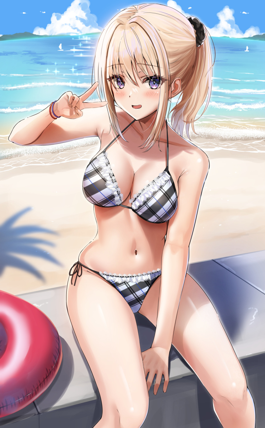 bare_shoulders beach bikini blonde_hair blush breasts female gyaru highres inflatable_toy kogal looking_at_viewer medium_breasts midriff navel ocean original ponytail purple_eyes sitting swimsuit v yukemuriganmo