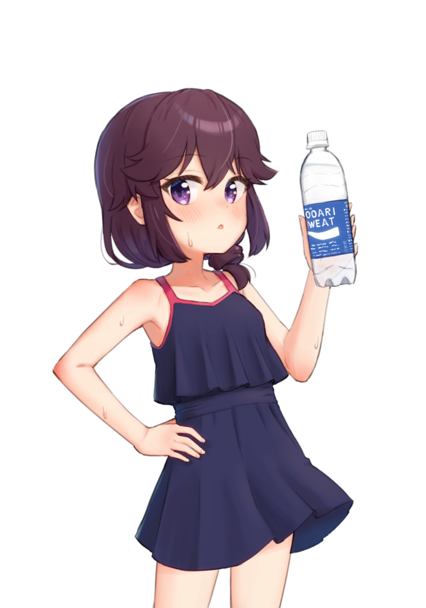 black_dress blush bottle breasts brown_hair dress female hand_on_own_hip highres holding holding_bottle kuramoto_takato looking_at_viewer machikado_mazoku open_mouth purple_eyes short_hair simple_background small_breasts solo standing sweat water_bottle white_background yoshida_ryouko