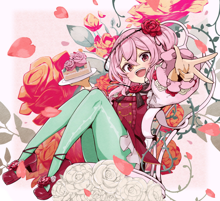 :d absurdres birthday blush cake cake_slice commentary commission english_commentary falling_petals female flower food full_body green_pantyhose gwvyhfodjflq0ie hair_between_eyes hair_flower hair_ornament hair_vines highres holding holding_food holding_plate looking_at_viewer medium_hair nijisanji nijisanji_en on_chair pantyhose petals pink_hair plate red_eyes red_flower red_rose rose rosemi_lovelock rosemi_lovelock_(1st_costume) second-party_source side_ponytail sitting smile solo thighs thorns virtual_youtuber w white_flower white_rose