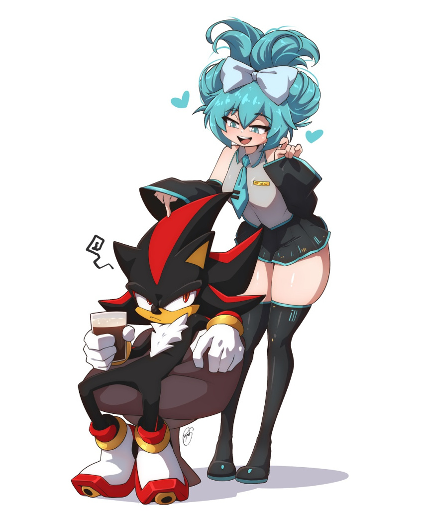 1boy alternate_hairstyle animal_ears annoyed aqua_eyes aqua_hair black_fur cinnamiku cup female furry furry_male gloves hashtag-only_commentary hatsune_miku hedgehog highres holding holding_cup ryou_sakai shadow_the_hedgehog simple_background skindentation sonic_(series) thick_thighs thighs vocaloid zettai_ryouiki