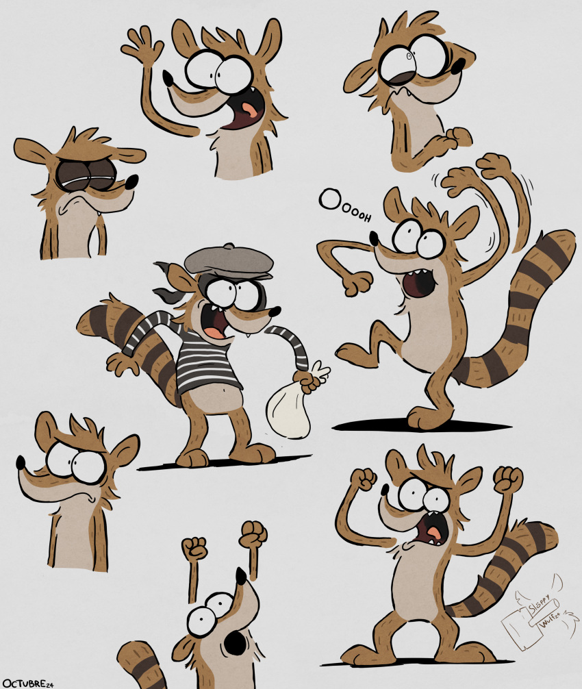 2024 4_fingers absurd_res anthro biped black_nose bottomless brown_body brown_fur cartoon_network clothed clothing fingers fur grey_background hi_res male mammal markings multiple_images open_mouth procyonid raccoon regular_show rigby_(regular_show) ring_(marking) ringed_tail simple_background sloppywulf solo standing striped_markings striped_tail stripes tail tail_markings