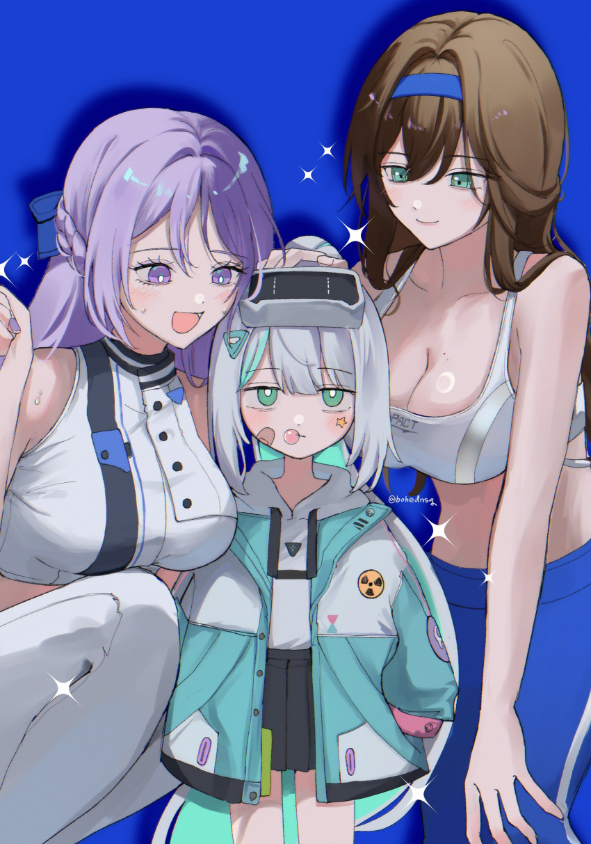 3girls absurdres aqua_eyes breasts brown_hair bubble chewing_gum chikyuu_(bohednsg) cleavage epinel_(nikke) folkwang_(nikke) goddess_of_victory:_nikke grey_hair headgear highres multiple_girls nepenthe_(nikke) purple_eyes purple_hair radiation_symbol rumani_(nikke) skirt