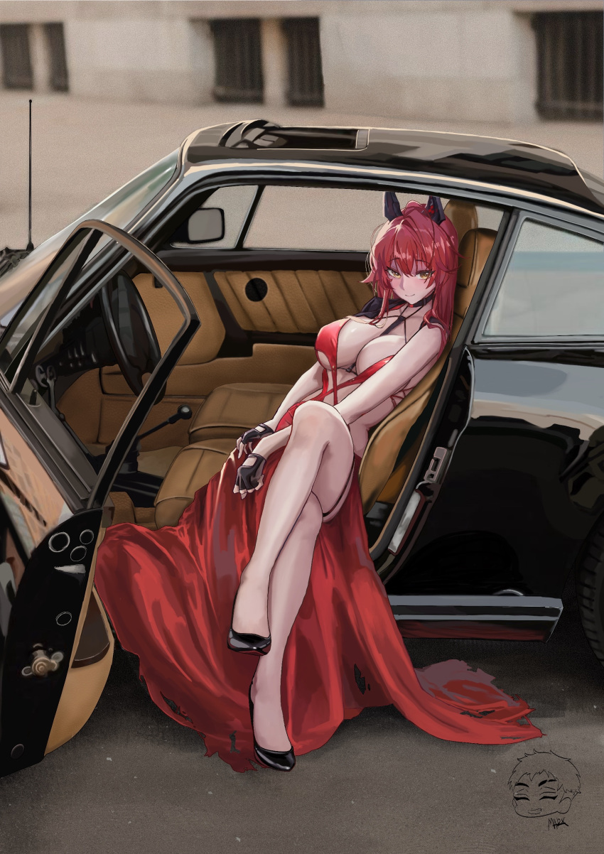 absurdres car car_interior danny_marx dress evening_gown female gear_shift goddess_of_victory:_nikke high_heels highres horns mechanical_horns motor_vehicle official_alternate_costume porsche porsche_911 red_dress red_hair red_hood_(nikke) red_hood_(nonsense_red)_(nikke) steering_wheel thigh_strap torn torn_clothes torn_dress yellow_eyes