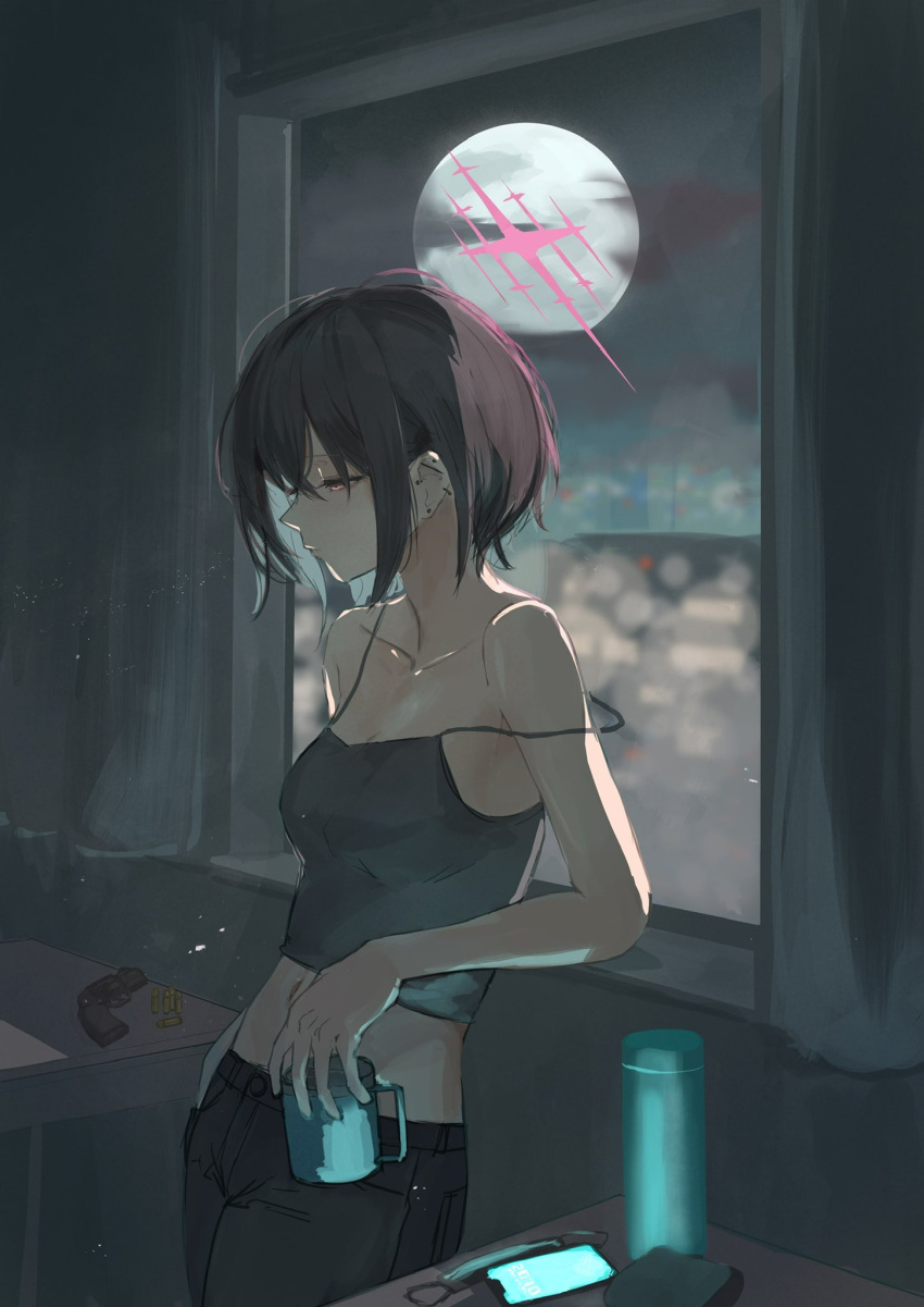 barbell_piercing black_camisole blue_archive brown_hair camisole collarbone cup ear_piercing female full_moon gun halo handgun hetare_galm_sue highres industrial_piercing misaki_(blue_archive) moon mug off_shoulder piercing pink_eyes pink_halo solo weapon