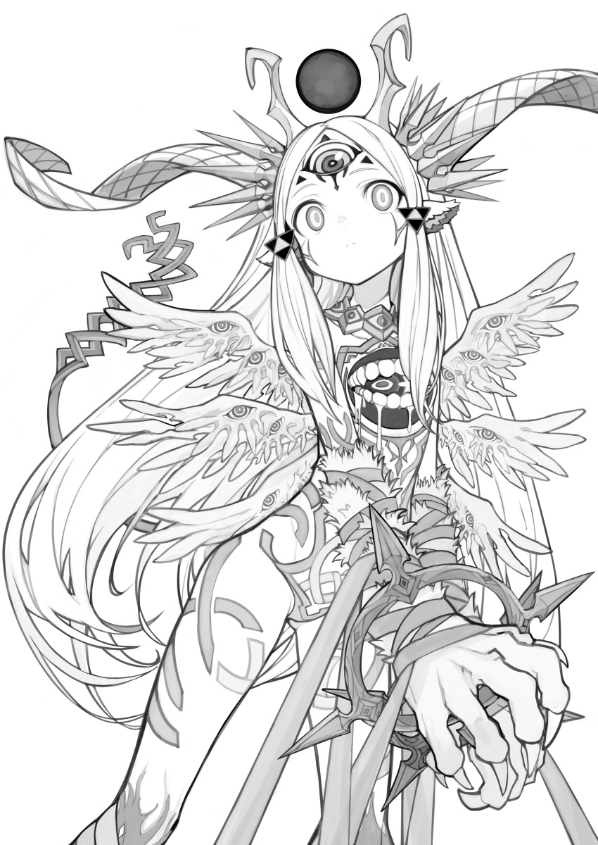 absurdres angel angel_wings animal_ears animal_hands bound bound_arms claws commentary_request extra_eyes extra_mouth fallen_angel feathered_wings female greyscale halo highres horns izayoi_cha long_hair looking_at_viewer monochrome monster_girl multiple_wings original seraph simple_background solo tail third_eye very_long_hair white_background wings